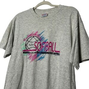 Vintage 90s Hanes Washington State Softball T‎ Shirt Mens Large Grey Neon Print